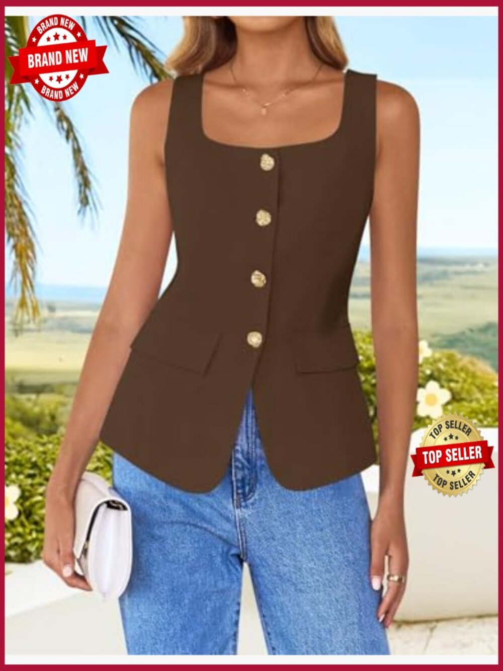 Square Neck Sleeveless Suit Vest Blazer Top Business Casual - Picture 4 of 7